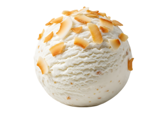 Vanilla ice cream scoop with toasted coconut flakes, isolated on transparent background