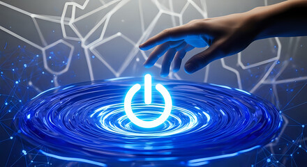 Activating the digital future: Hand hovers over glowing power icon, energy surges, connecting networks, promising innovation and progress