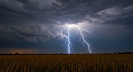 Dramatic lightning strikes illuminate a golden field under a dark, stormy sky.