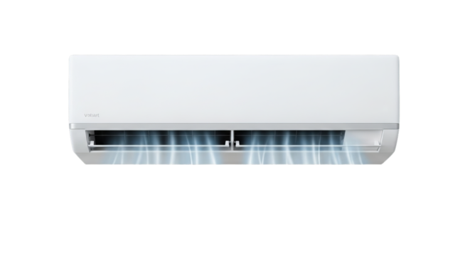 Energy-efficient climate control A detailed depiction of a mounted air conditioning unit. Demonstrating cooling, air-flow and modern technology for temperature regulation