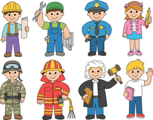 Cartoon characters of different professions, kids in career costumes, education concept, diverse occupations, colorful flat illustration, vector clipart