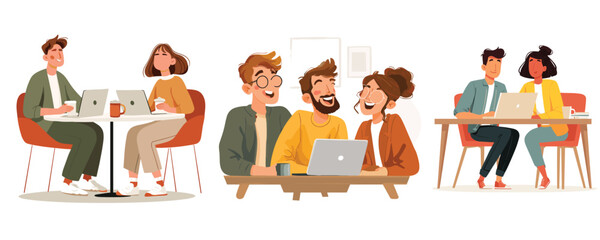 Obraz premium set of cafe meeting illustration with people talking for teamwork collaboration and lifestyle design