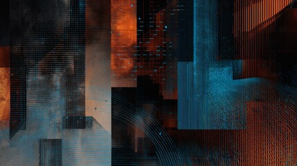 Tech overlays on architecture or abstract digital patterns