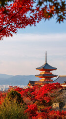 Fototapeta premium Kiyomizu dera pagoda with maple leaf colors in autumn at sunset, Kyoto
