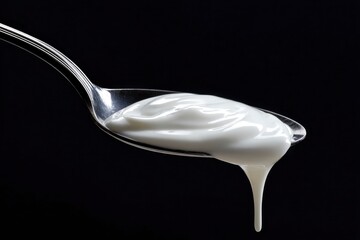 A spoonful of thick white yogurt is held against a solid black background The yogurt drips down from the spoon