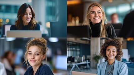 A four-panel image showcases diverse young professional women in modern office settings, each with a slightly different expression and pose, suggesting a team or collaborative environment