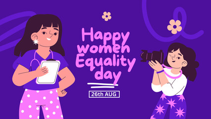Happy women’s equality day celebration poster with female doctor and photographer illustration on purple background for 26th august 