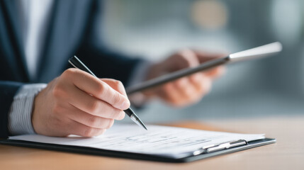 Person writing on clipboard with pen and holding tablet for digital survey and checklist