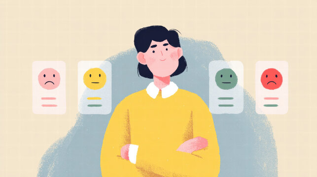 Person with crossed arms surrounded by colorful emotion icons showing mixed feelings