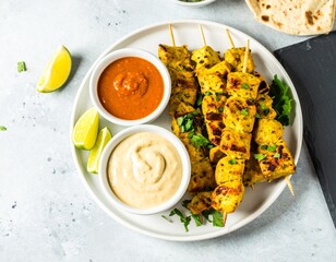Appetizing grilled chicken satay skewers served on a white plate with creamy peanut and spicy chili dipping sauces
