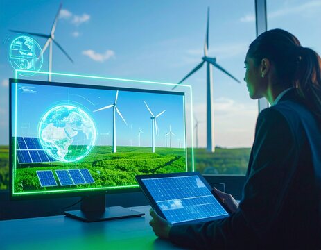 Businesswoman using a futuristic interface to monitor global renewable energy production from wind turbines and solar panels