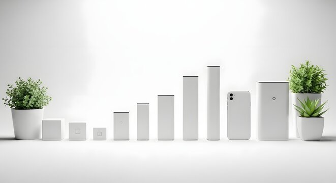 A collection of modern technology devices and abstract geometric shapes arranged in an upward trend, isolated on white background