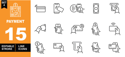 Payment line icon set. Exclusive Payment line icon collection. Containing QRcode, Creditcard, Mobilepay, Contactless, Banknote, Cashier, Cardinsert, Phonepay, Wallet, ATM, and more. Editable stroke