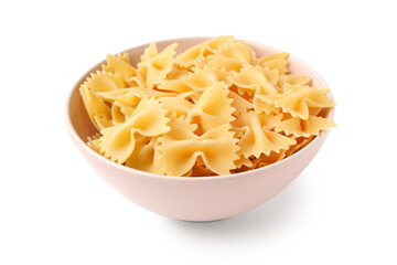 Bowl with tasty raw farfalle pasta on white background