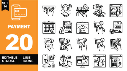 Payment line icon set. Exclusive Payment line icon collection. Containing Creditcard, Insertcard, Handshake, Money, Bill, Document, Calendar, Moneybag, Minuscard, Cash, and more. Editable stroke