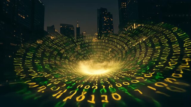 A glowing vortex of binary code forming a digital funnel against the backdrop of the city skyline at night, the concept of data flow and the futuristic atmosphere of cryptocurrency energy