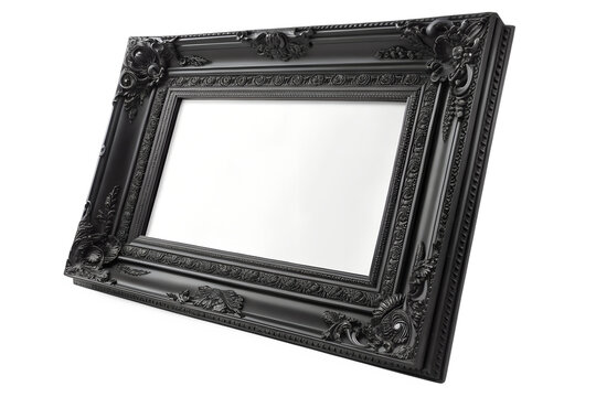 Elegant black ornate picture frame with intricate baroque details, isolated on a white background for design projects