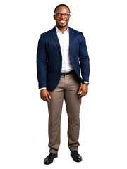 Stylish African-American man with glasses, energetic smile, posing confidently, vibrant lighting, transparent background.