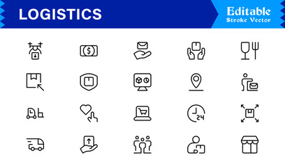 Modern Flat Line Logistics Icons – Shipping, Courier, Freight, Cargo, Supply Chain, Trucking, Air Delivery, and Warehouse Vector Symbols for Business and Web Design