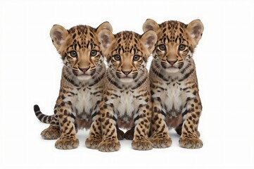 Obraz premium Three jaguar cubs posing, studio, white background, wildlife