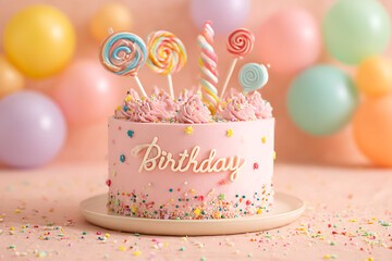 Delightful birthday cake with colorful lollipops and charming sprinkles, perfect for a joyful celebration and sweet memories, a whimsical treat for special occasions