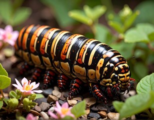 Naklejka premium Vibrant caterpillar amidst flowers and gravel
