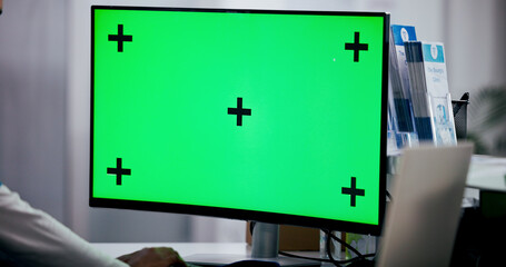 Nurse, computer and closeup with green screen at hospital for file update, marketing and medical app. Mockup space, pc display and healthcare person of admin ui, patient history and schedule feedback