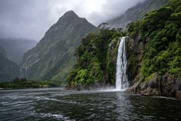 A waterfall cascades into dark water surrounded by lush green cliffs and mountains under an overcast sky