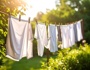 Clothes drying on line, sunny garden