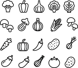 Set of Hand-Drawn Vegetable Icons in Black and White, Including Broccoli, Carrot, Potato, and Other Fresh Produce