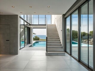 Fototapeta premium Modern grey villa interior featuring open living space with modern staircase, large glass windows revealing pool view, and elegant contemporary design with natural light
