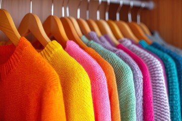 A row of vibrant sweaters hangs neatly on wooden hangers in a closet