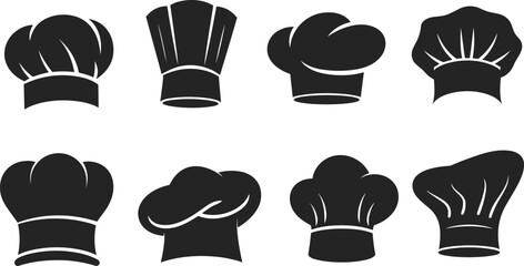 Set of Chef Hats Silhouettes in Black and White, Culinary Headgear, Cook, and Chef Profession Icons for Restaurant Design