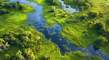 Lush green wetlands with winding waterways