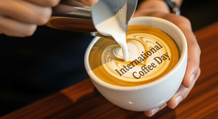Barista pours milk into coffee cup with latte art cappuccino