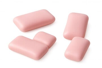 Five pink chewing gums falling against a transparent background, ready for adding to any design project