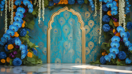 Turquoise and Gold Arched Doorway with Peacock Motifs and Floral Garlands on Silk Embroidered Backdrop in Royal Palace Lighting.