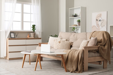 Interior of stylish living room with chest of drawers, sofa and coffee table