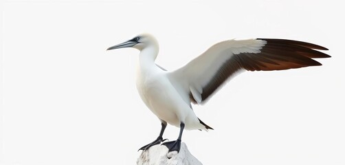 Fototapeta premium A northern gannet perched, wings slightly spread, against a pure white background, bird of prey, diving bird