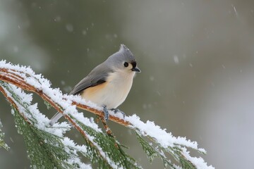 Tufted titmouse bird on snowy branch in winter