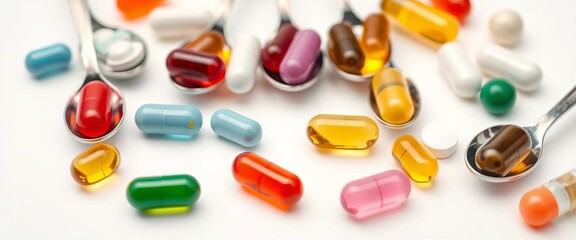 Assorted vitamin tablets in small metal spoons on white background, still life, daily