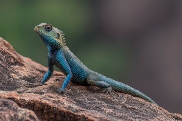 Blue lizard on a rock head raised textured skin visible against a blurred background