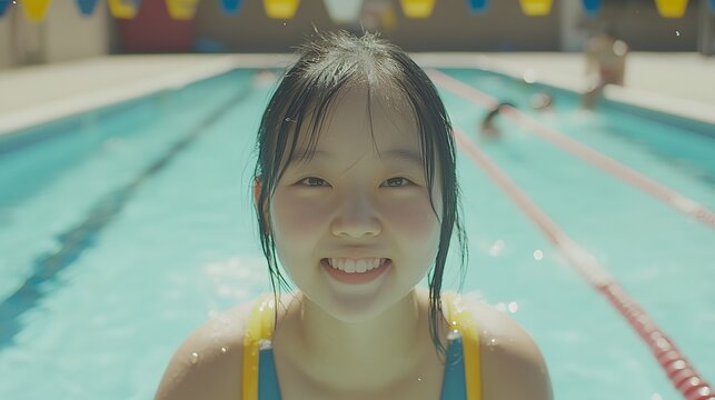 Happy Girl Smiling at Poolside Summer Fun