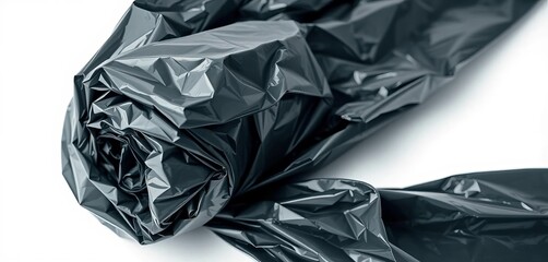 A tightly wound roll of black plastic trash bags on a white background,  sanitation,  black plastic bags