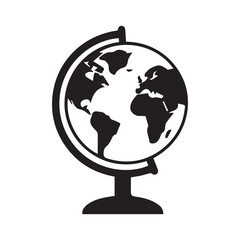 A simple black globe icon, showing continents in silhouette. The design is minimalistic with a white background, suitable for education, travel, or global business themes.