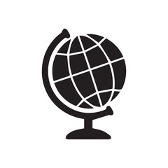 A simple black globe icon, showing continents in silhouette. The design is minimalistic with a white background, suitable for education, travel, or global business themes.