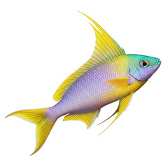 Vivid yellow and purple fish with iridescent scales and flowing fins isolated on a transparent background