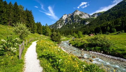 Sunny mountain valley scene; path alongside a flowing stream, wildflowers, and forests