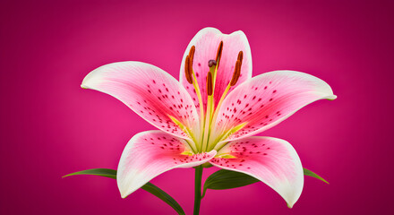 Stunning pink and white lily flower with intricate spots on a vibrant magenta background.