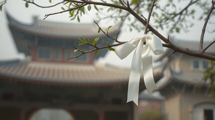 White ribbon tied to a tree branch in front of a traditional Chinese building.
